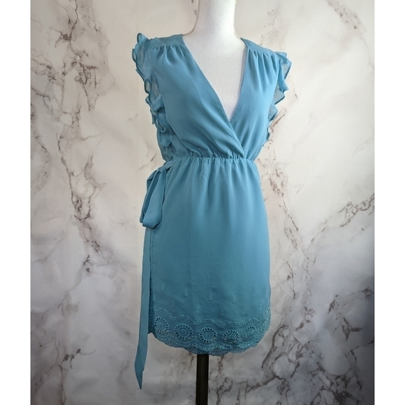 Lovers + Friends Mini Wrap Dress Blue Embroidered V-Neck Flutter Small - Picture 1 of 12